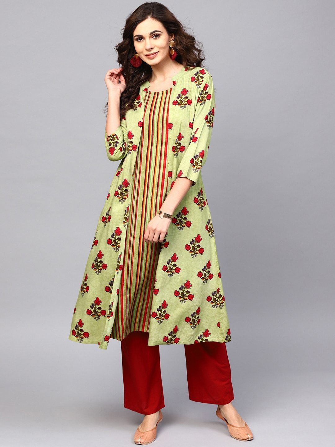 Women's  Green & Maroon Striped A-Line Kurta with Ethnic Jacket