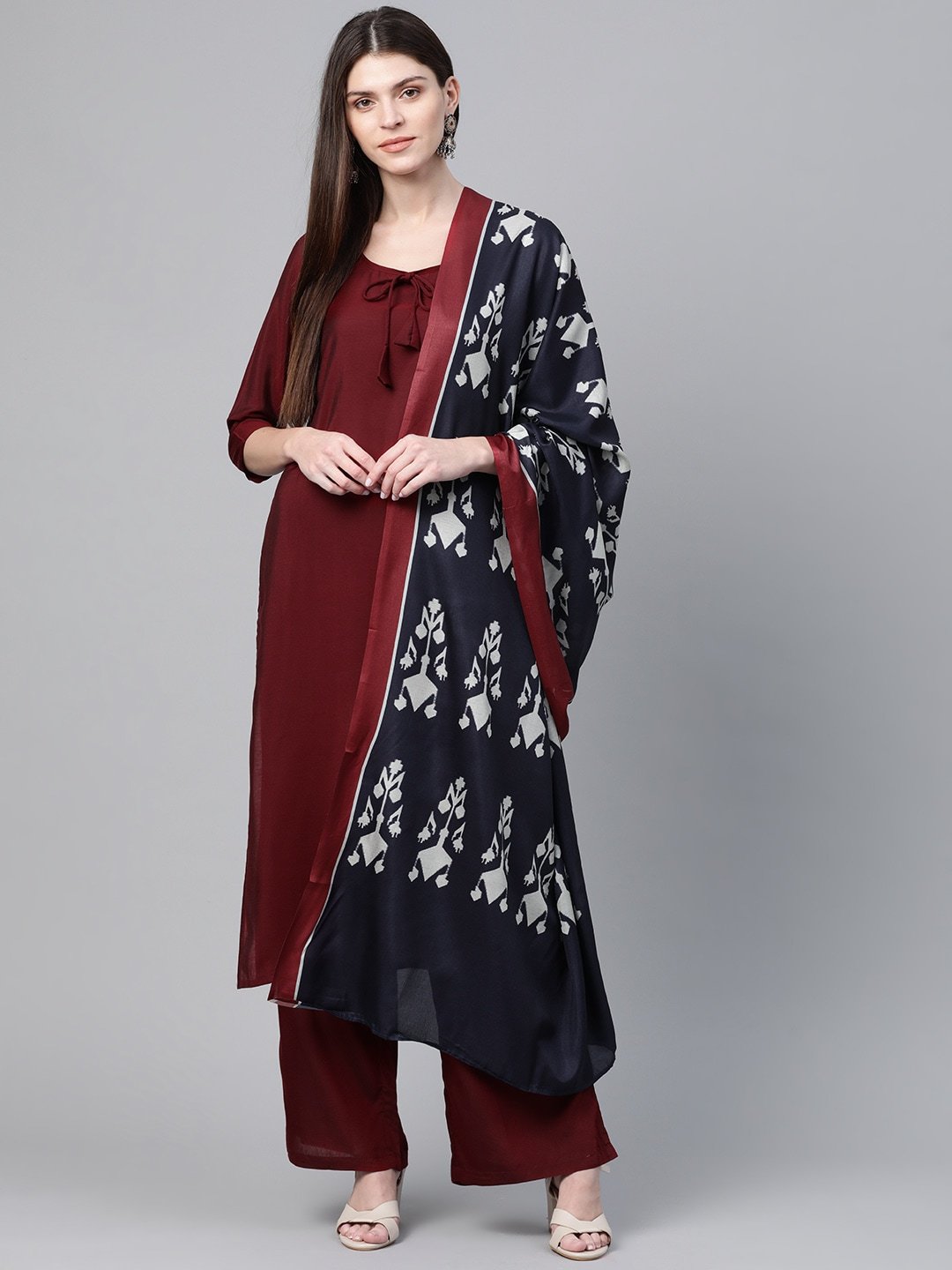 Women's  Maroon & Navy Blue Solid Kurta with Palazzos & Printed Dupatta