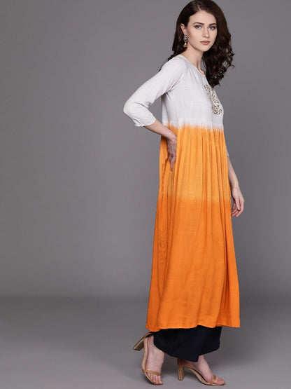 Women's  Orange & White Dyed A-Line Kurta