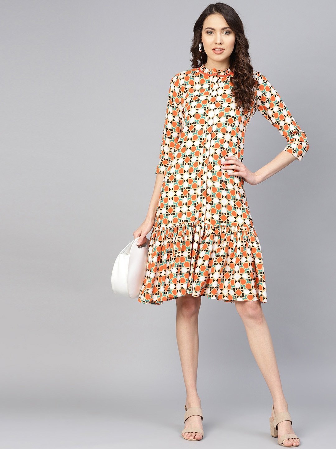 Women's Orange & White Printed Dress