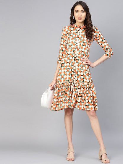 Women's Orange & White Printed Dress