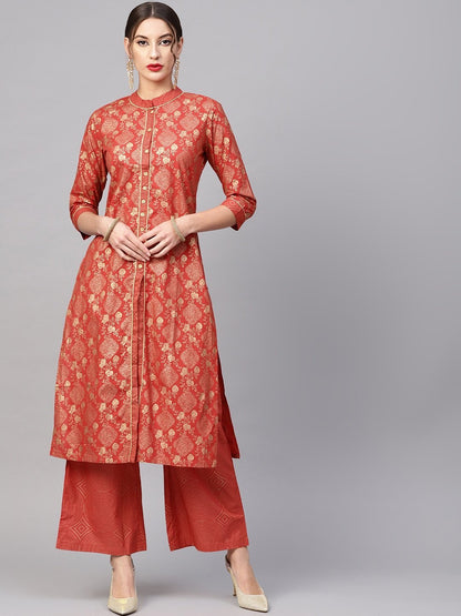 Women's  Rust Orange & Golden Printed Kurta with Palazzos