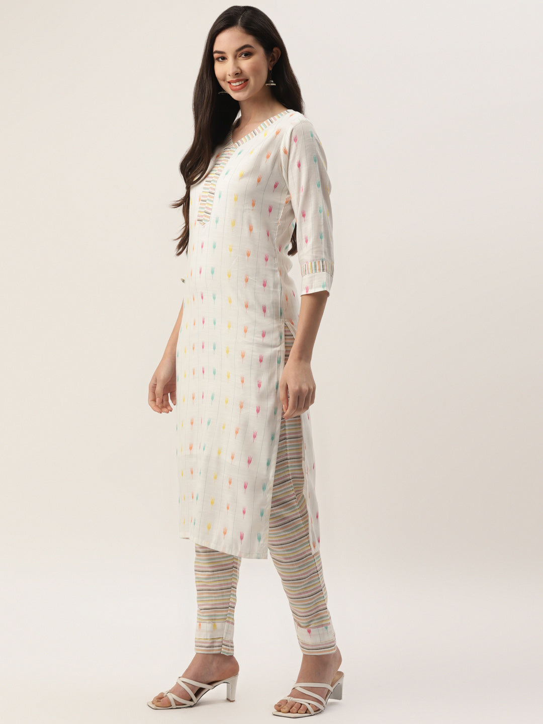 Women's White Cotton Blend Self Design Straight Kurta Trouser Set With Dupatta