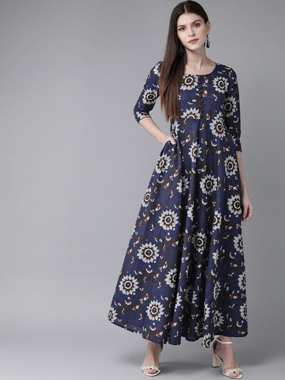 Women's  Navy Blue & Grey Printed Maxi Dress