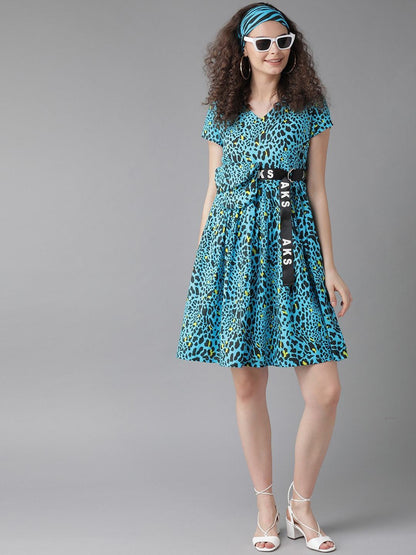 Women's  Blue & Black Leopard Print A-Line Dress with Pouch