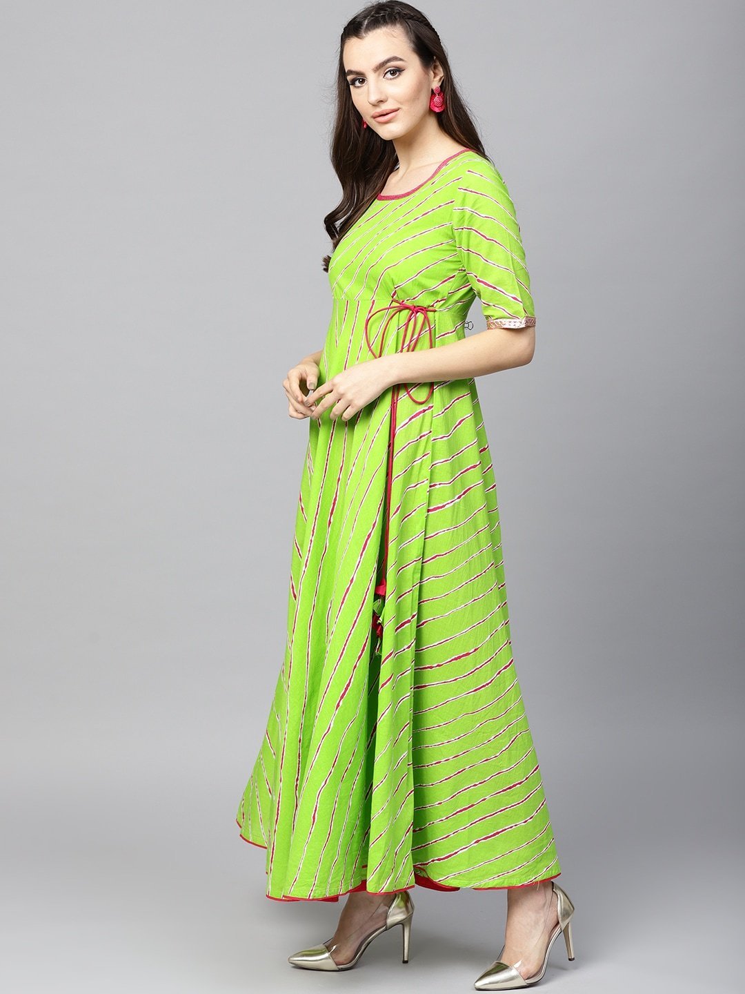 Women's  Green & Magenta Leheriya Print Anarkali Kurta