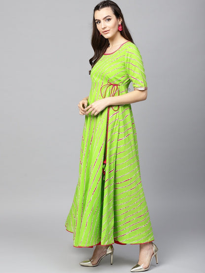 Women's  Green & Magenta Leheriya Print Anarkali Kurta