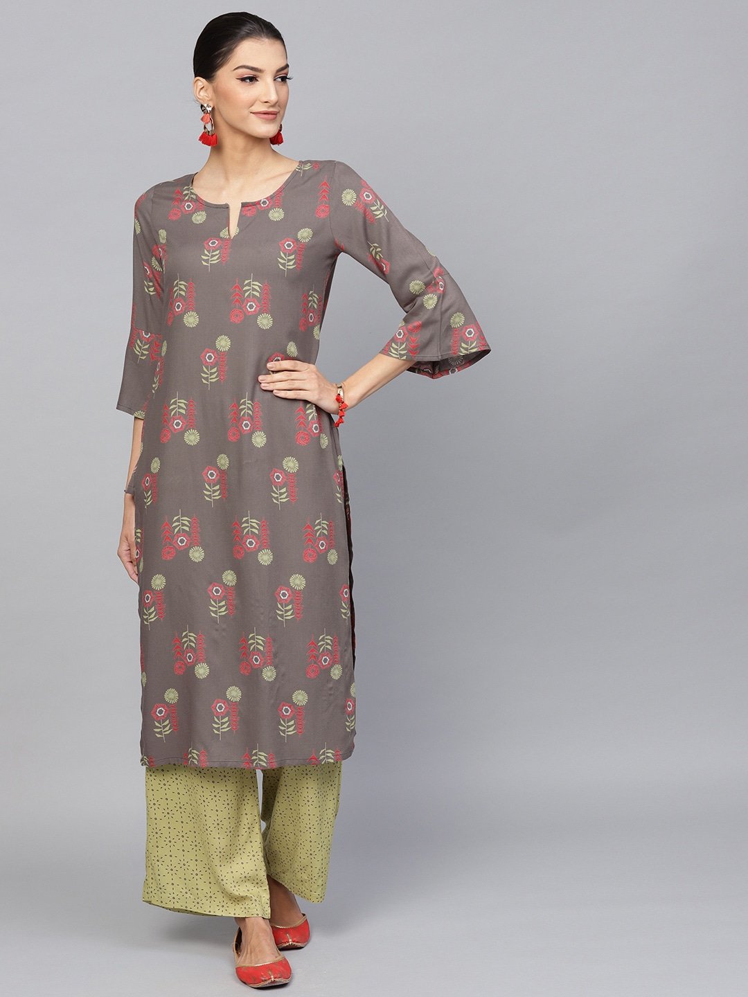 Women's  Taupe & Green Printed Kurta with Palazzos