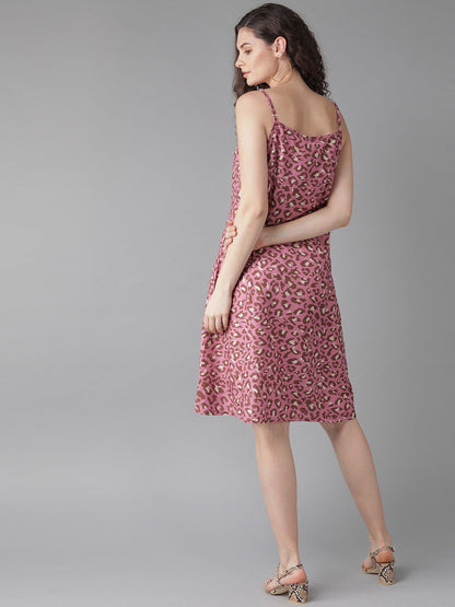 Women's  Pink & Brown Leopard Print A-Line Dress