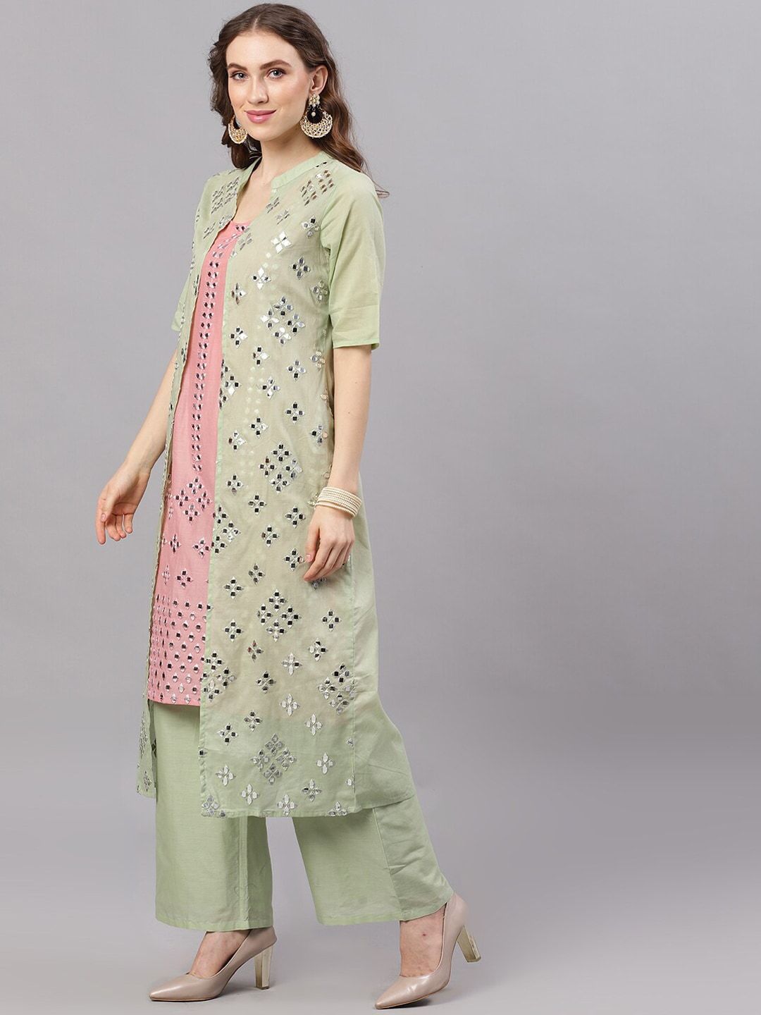 Women's  Green & Pink Mirror Work Kurta with Palazzos & Ethnic Shrug