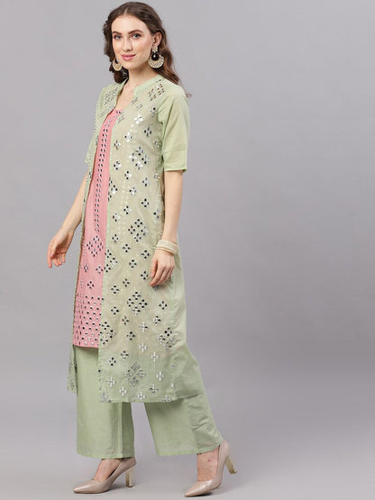 Women's  Green & Pink Mirror Work Kurta with Palazzos & Ethnic Shrug