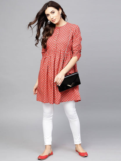 Women's Red & Off-White Printed Tunic