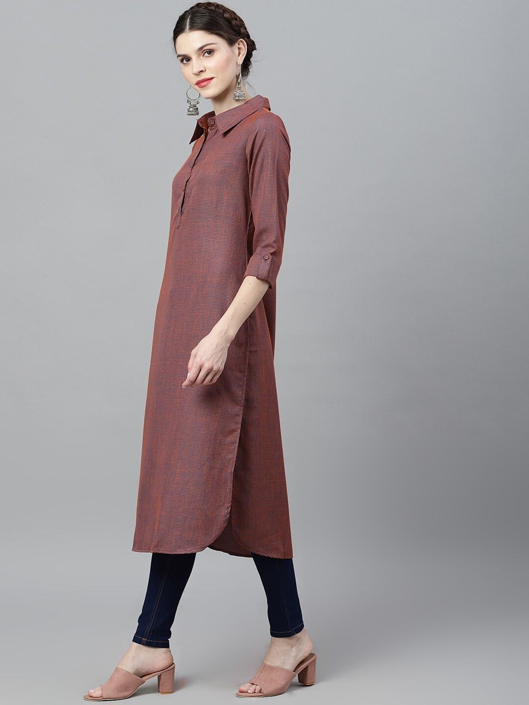 Women's  Blue & Orange Striped A-Line Kurta