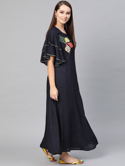 Women's  Navy Blue Embroidered A-Line Dress