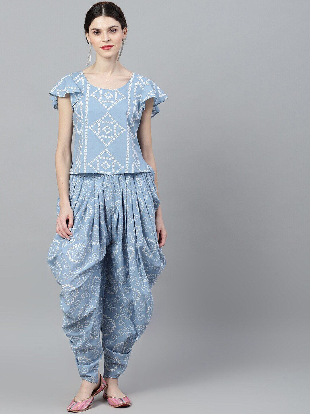 Women's Blue & White Printed Top With Dhoti Pant