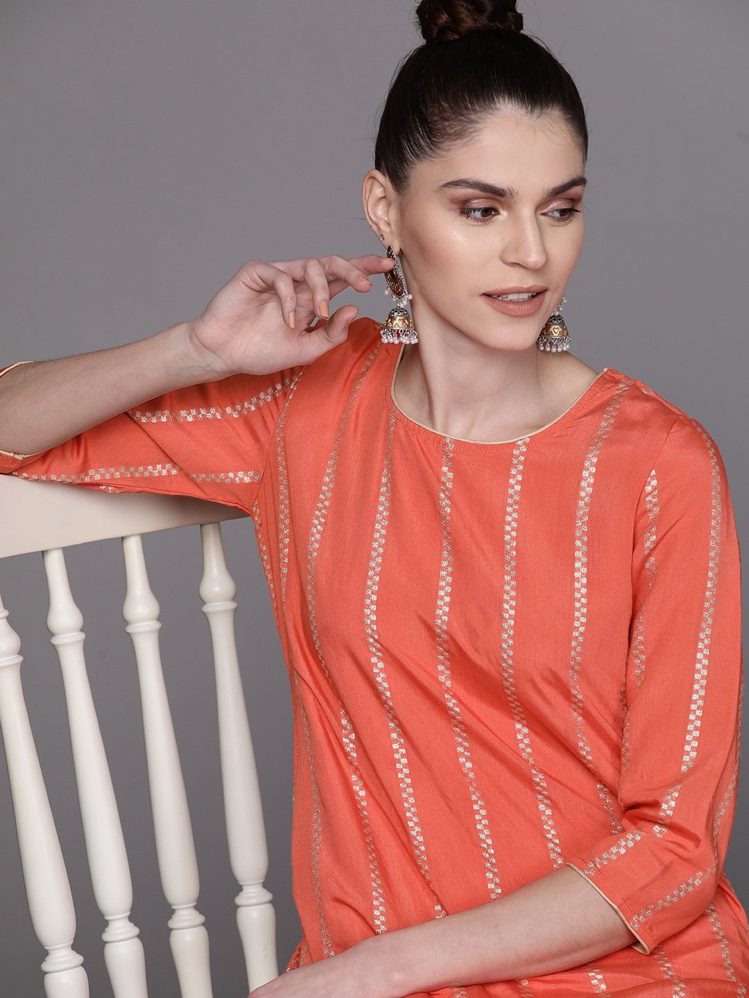 Women's  Coral Orange & Silver Self-Striped Kurta with Palazzos