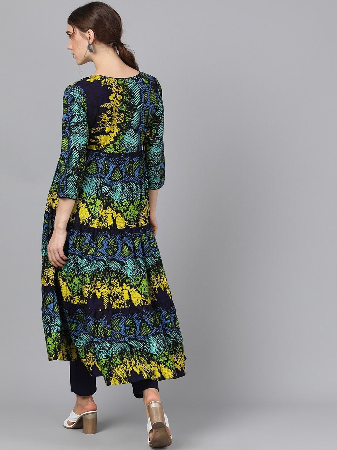Women's  Navy Blue & Green Printed Anarkali Kurta