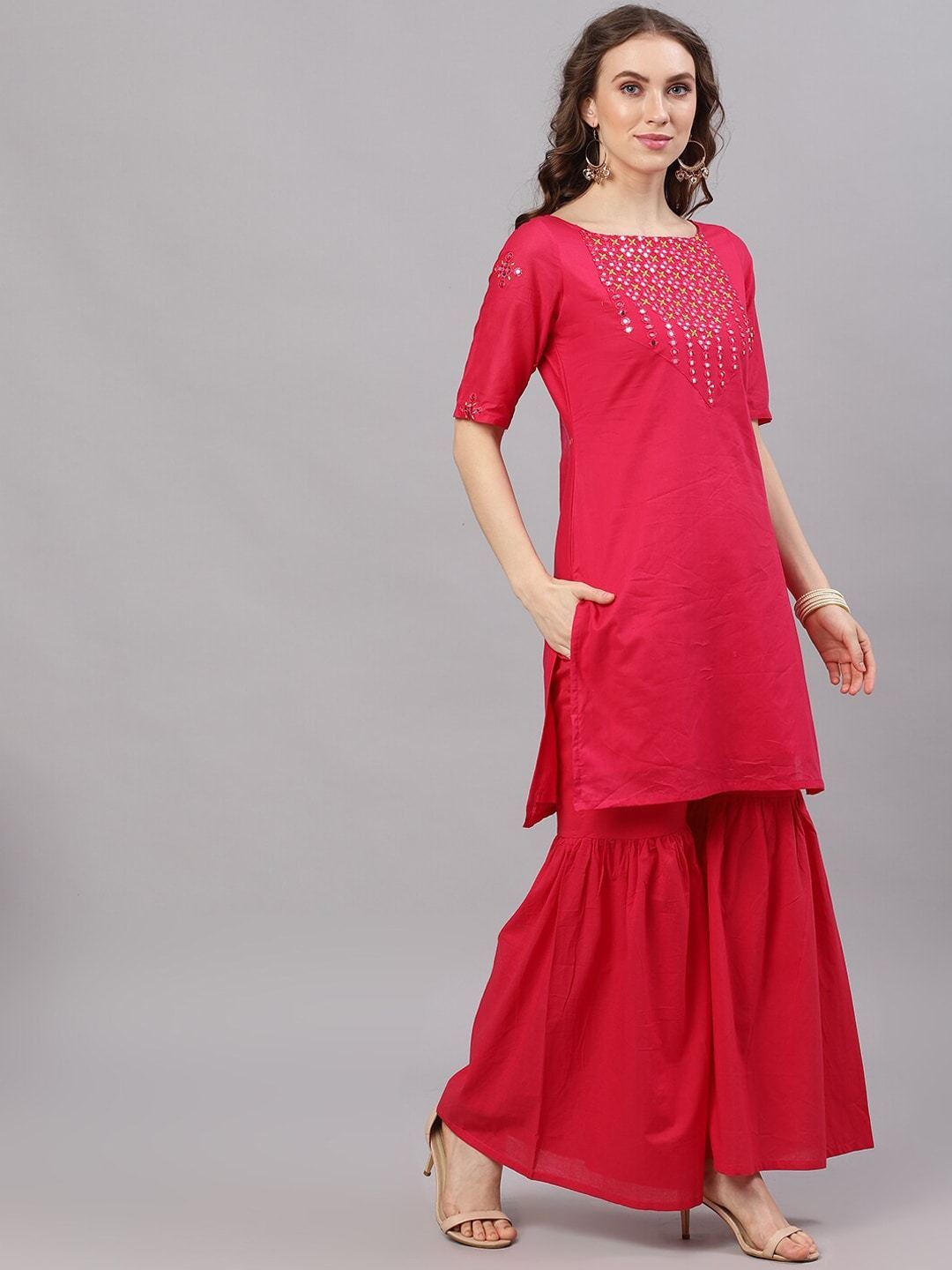 Women's  Magenta Yoke Design Kurta with Sharara
