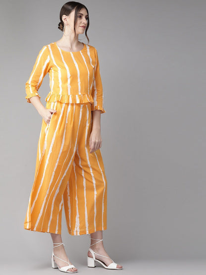 Women's  Mustard & White Striped Two-Piece Top & Palazzo Set