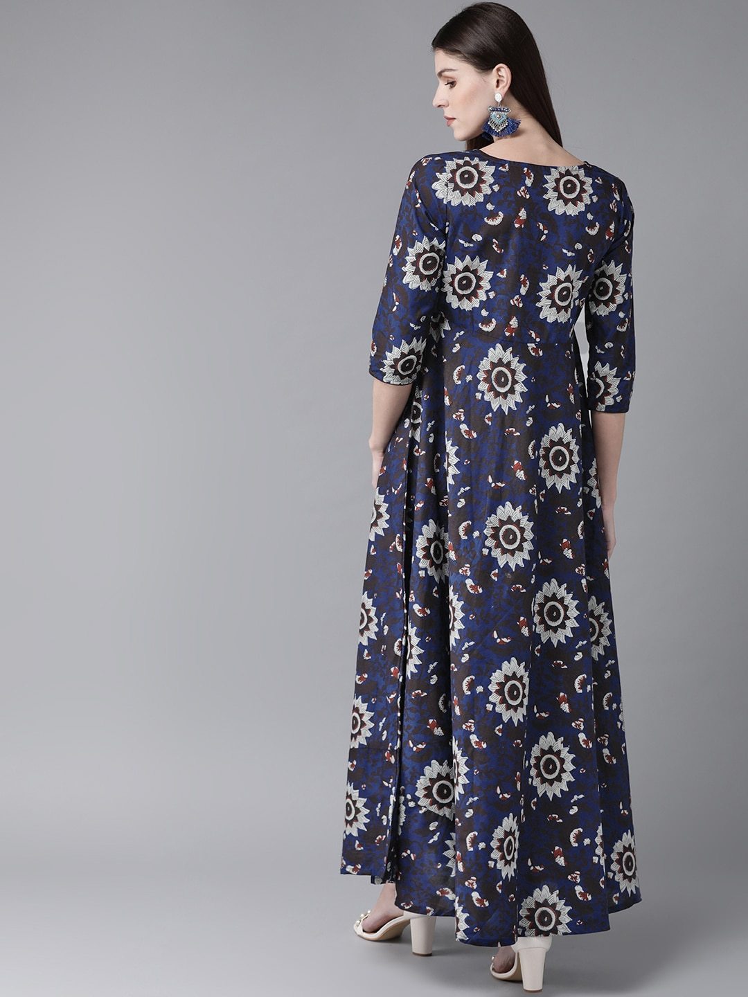Women's  Navy Blue & Grey Printed Maxi Dress