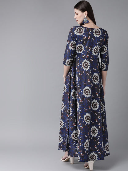 Women's  Navy Blue & Grey Printed Maxi Dress
