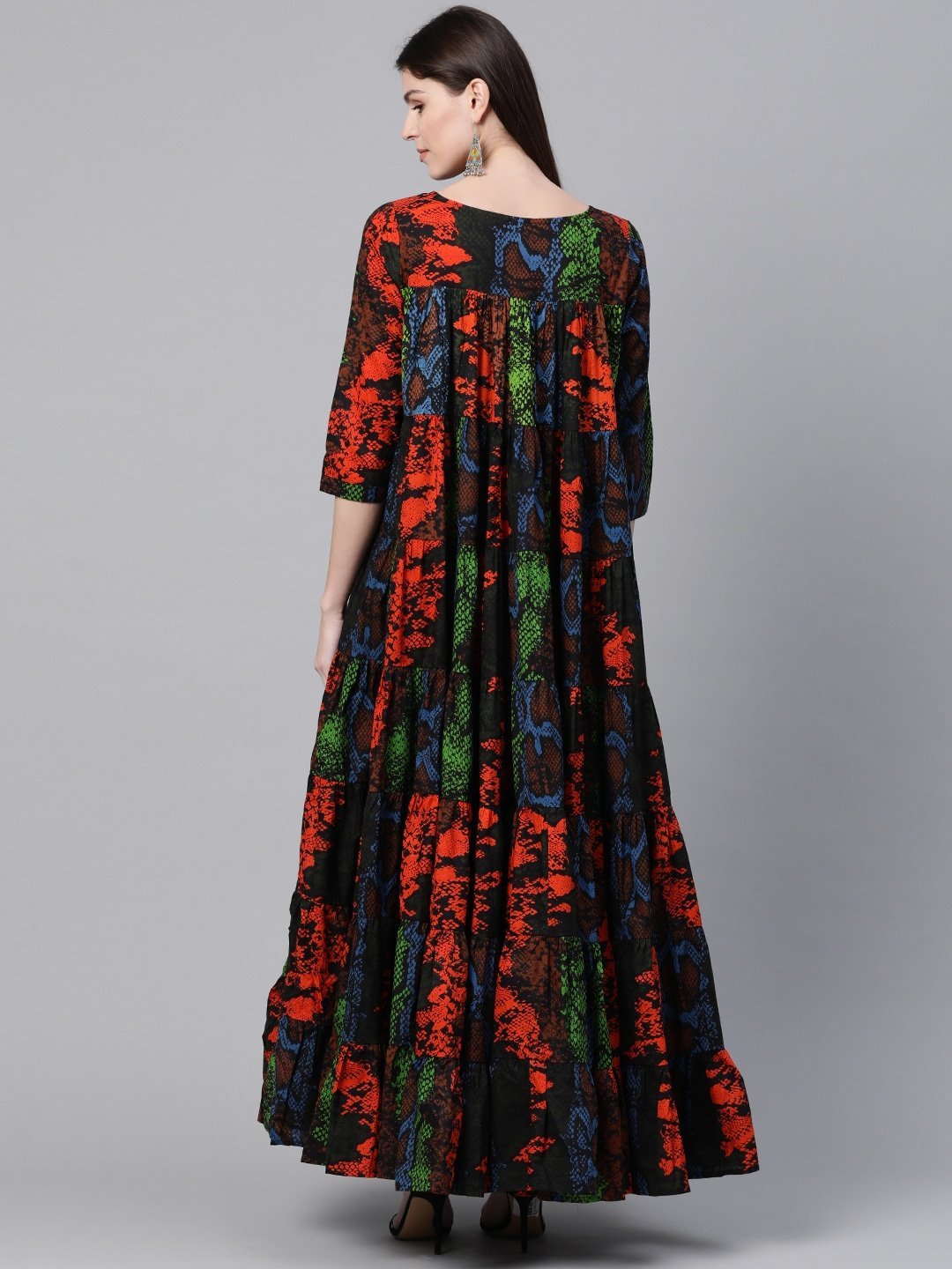 Women's  Black & Orange Snakeskin Printed Ethnic Maxi Dress