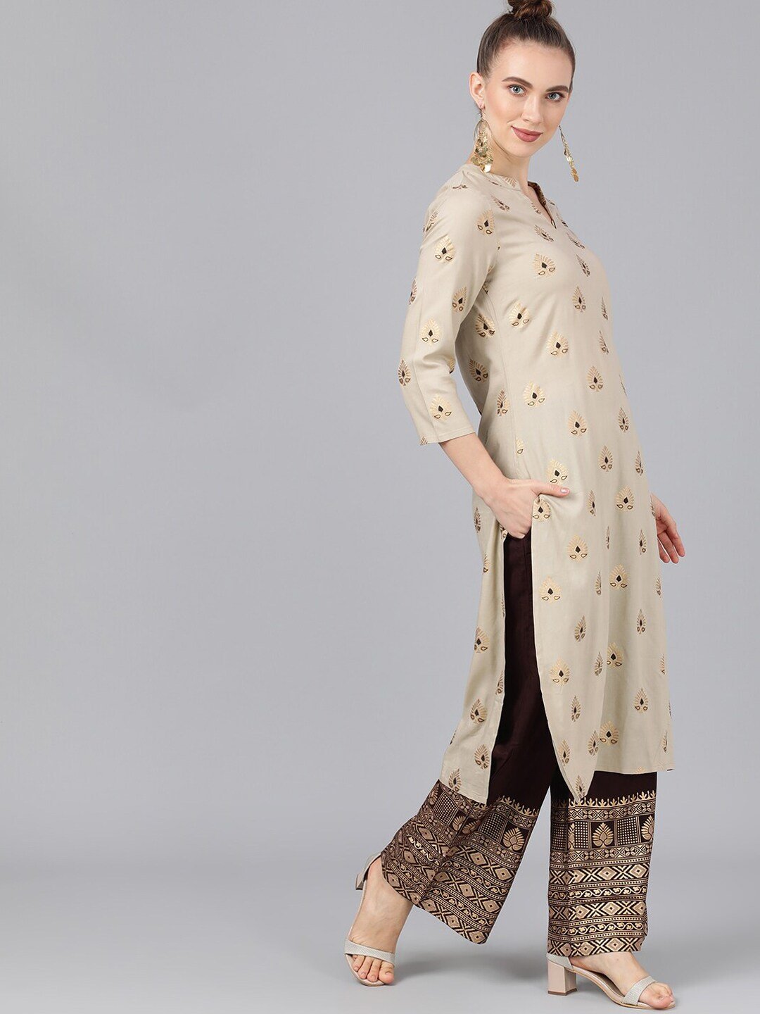 Women's  Nude-Coloured & Brown Foil Printed Kurta with Palazzos