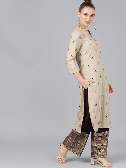 Women's  Nude-Coloured & Brown Foil Printed Kurta with Palazzos
