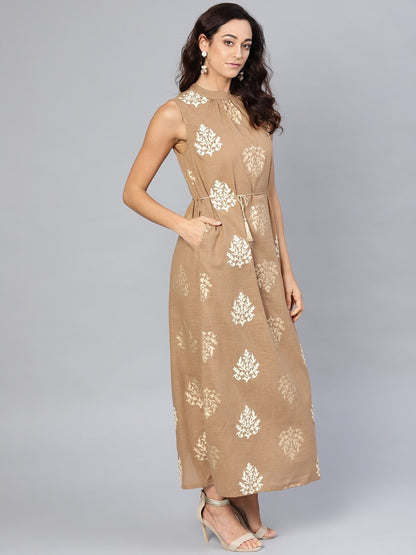 Women's  Beige & Off-White Printed Maxi Dress