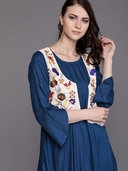 Women's Blue Maxi Gown with Floral Embroidered Jacket