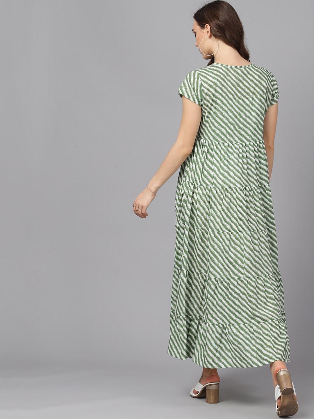 Women's  Green & White Striped Maxi Dress