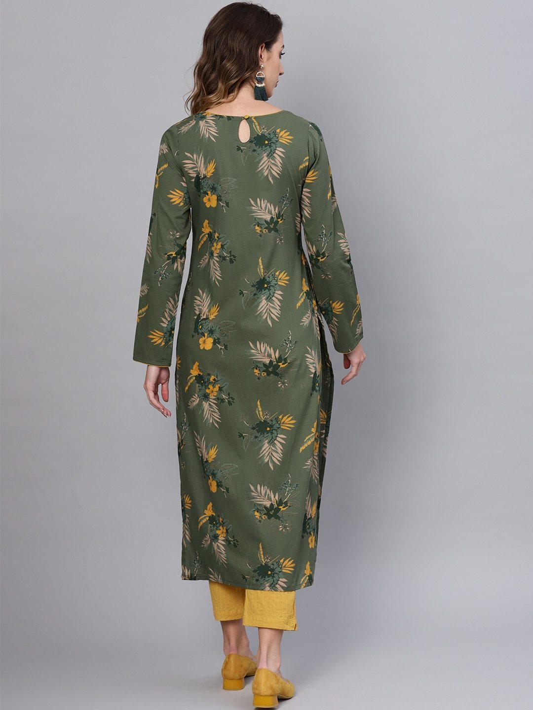 Women's  Olive Green & Mustard Yellow Floral Printed Straight Kurta