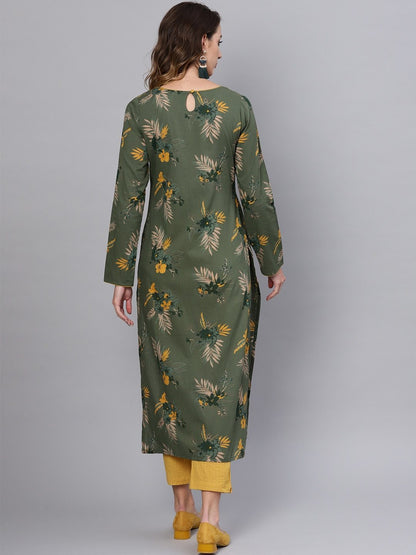 Women's  Olive Green & Mustard Yellow Floral Printed Straight Kurta