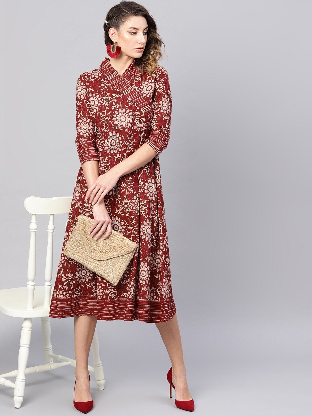 Women's  Maroon & Beige Printed Wrap Dress