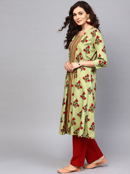 Women's  Green & Maroon Striped A-Line Kurta with Ethnic Jacket