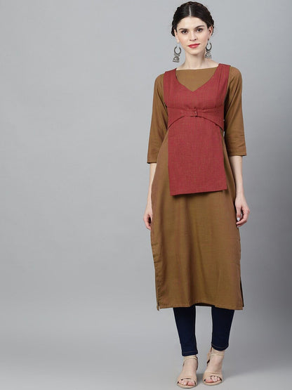 Women's  Olive Green & Maroon Solid A-Line Kurta
