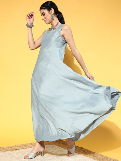 Women's Blue Schiffli Designed Maxi Dress With Jacket