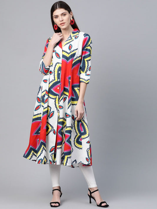 Women's  White & Red Printed A-Line Kurta