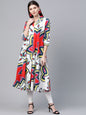 Women's  White & Red Printed A-Line Kurta