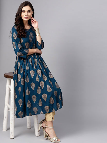 Women's  Teal Blue & Golden Printed A-Line Kurta
