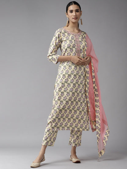 Women's Light Yellow & Green Printed Kurta Set