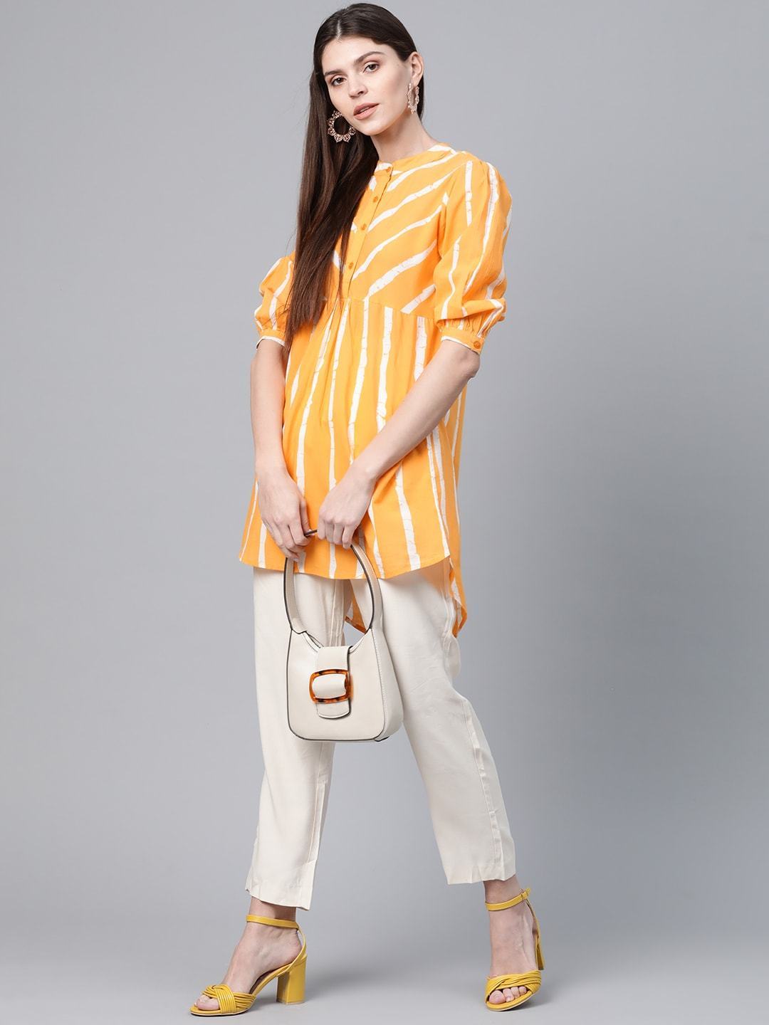 Women's  Mustard Yellow & White Striped High-Low Top