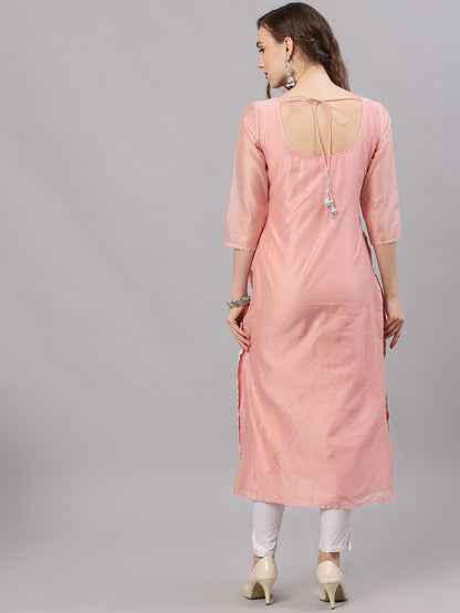 Women's  Peach-Coloured & White Embroidered Straight Kurta