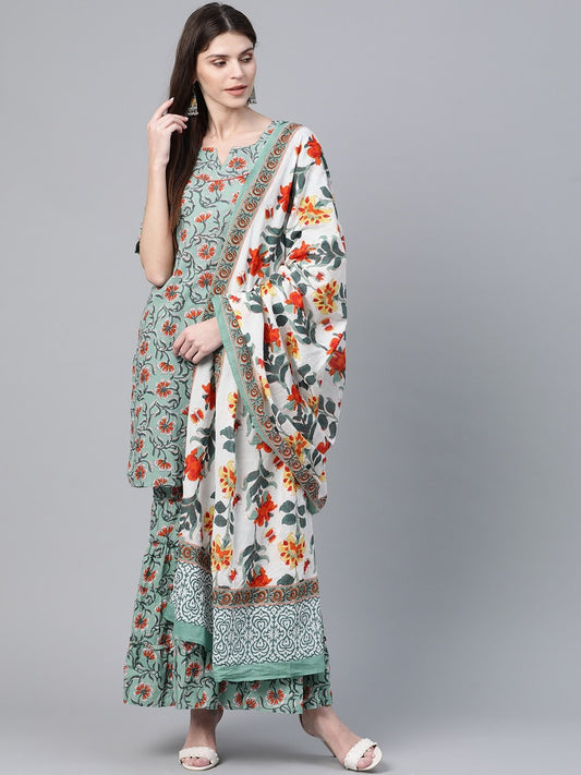 Women's  Green & Orange Printed Kurta with Sharara & Dupatta