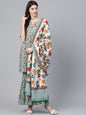 Women's  Green & Orange Printed Kurta with Sharara & Dupatta