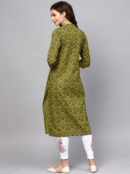 Women's  Green & Brown Printed Straight Kurta