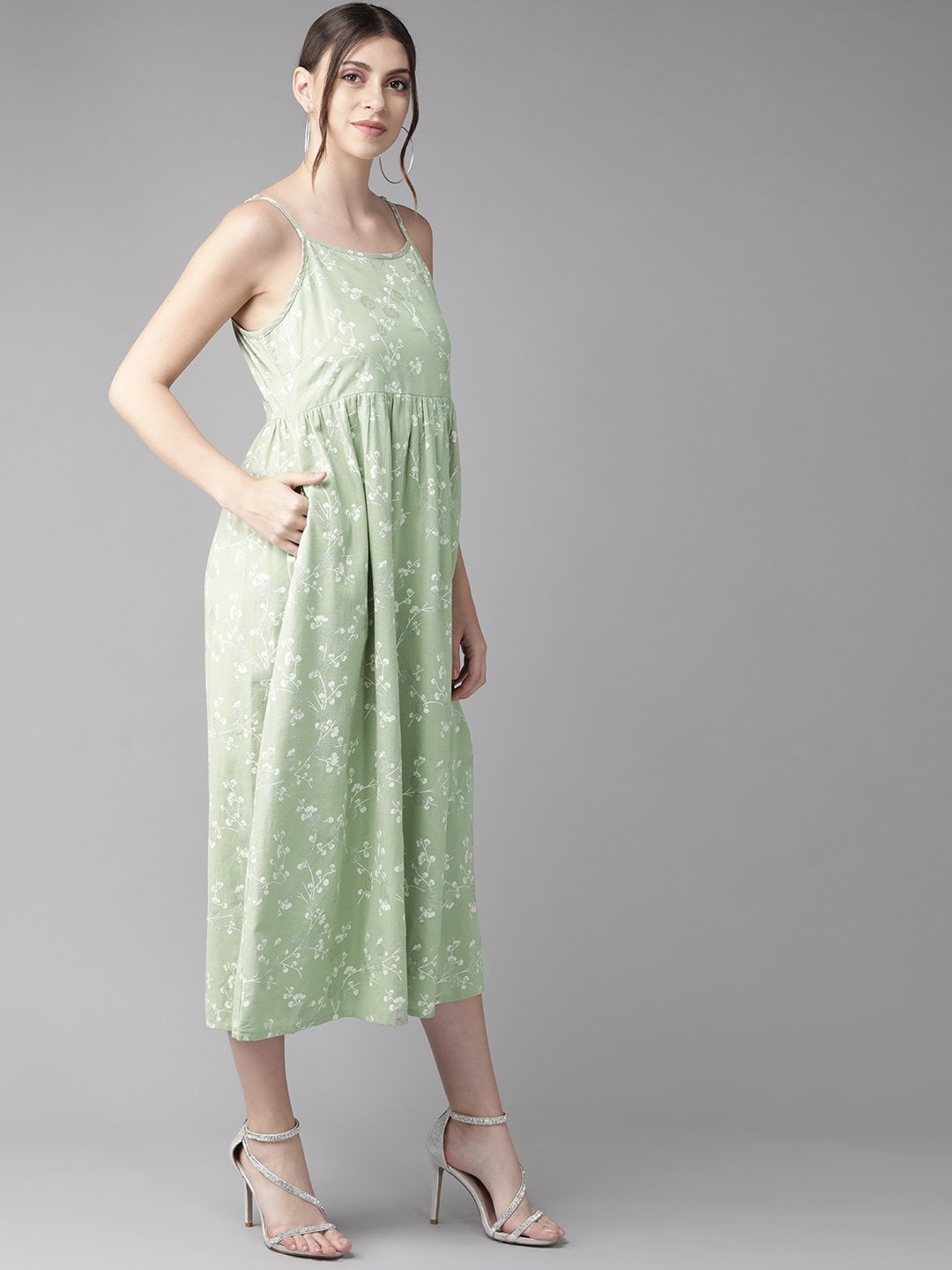 Women's  Green & White Khari Print A-Line Dress