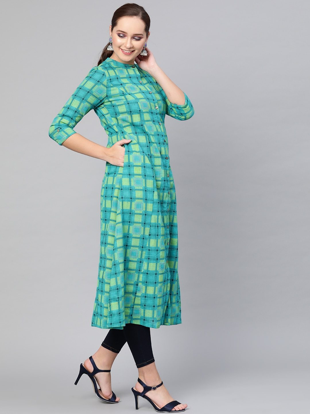 Women's  Blue & Green Checked A-Line Kurta