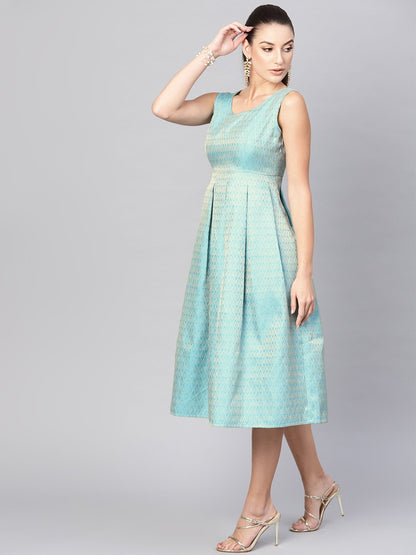 Women's  Blue & Golden Jacquard Midi Fit & Flare Dress
