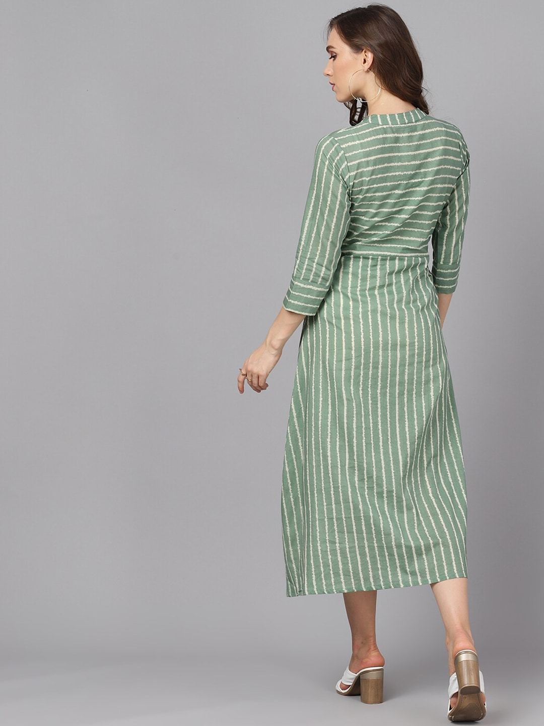 Women's  Green & Beige Striped A-Line Dress